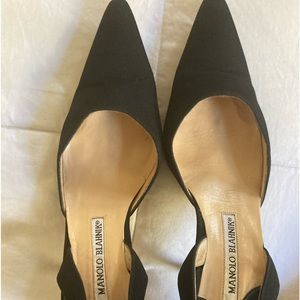 3” heel sling back pump in Black satin. Good condition.